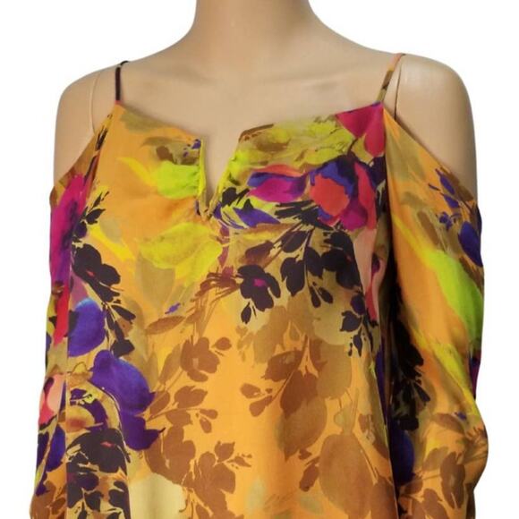 Nicole Miller Atelier Silk Floral Cold Shoulder Deep V Neck Top Size Small - Picture 3 of 6